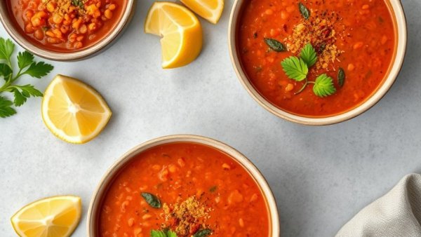 Vibrant red lentil soup highlights healthy eating habits.
