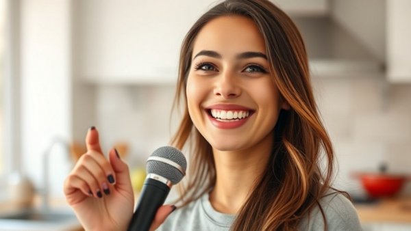 Smiling woman discussing healthy lifestyle tips with a microphone.