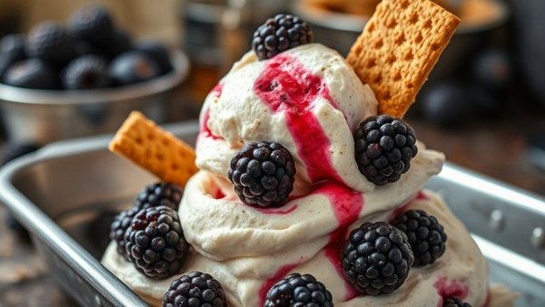 High protein cottage cheese dessert with blackberries and crackers.