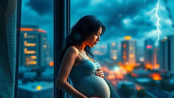 Pregnant woman observing storm, self-care routine inspiration.