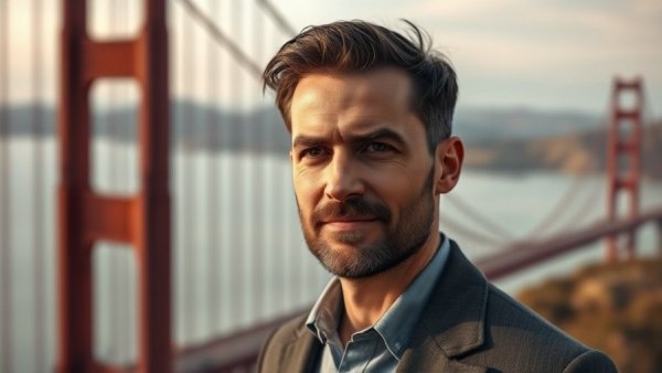 Confident professional with Golden Gate Bridge backdrop, agentic AI in claims processing.