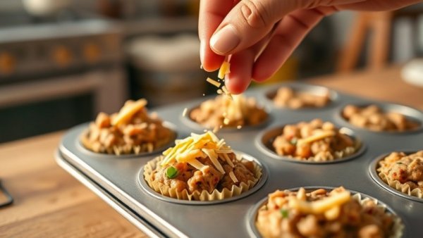 Close-up of a healthy ingredient being added to a muffin tin for weight loss recipe.