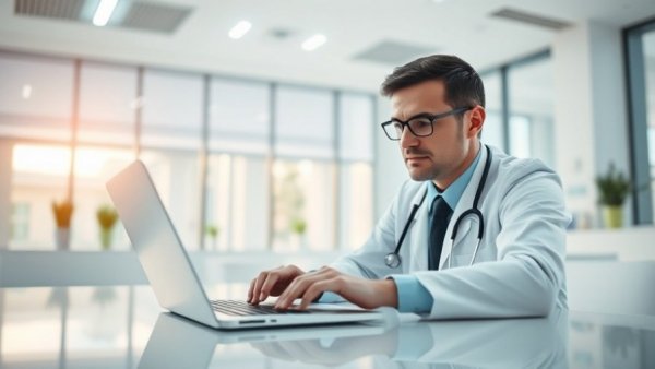 Doctor using laptop in modern medical office, AI in healthcare APAC 2026.