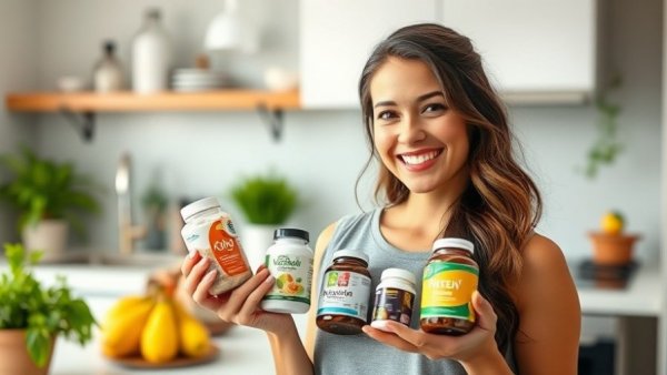 Smiling woman holding supplements, promoting healthy lifestyle tips.