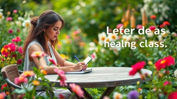 Writing for healing class promotion with woman writing in a garden.