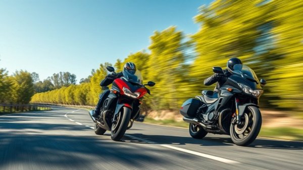 High-speed touring motorcycles racing on a scenic road.
