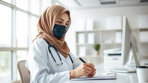 Female doctor at desk in medical office related to health information systems in Malaysia.