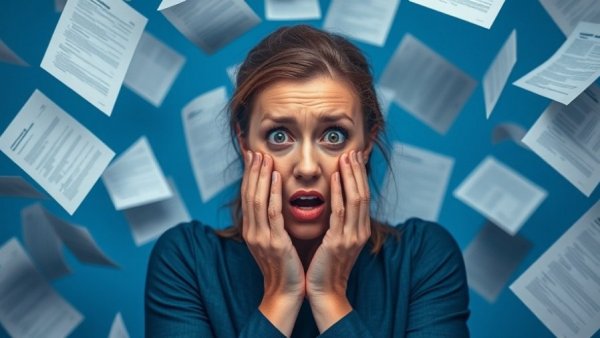 Shocked woman with wellness research papers, wellness tips for beginners.