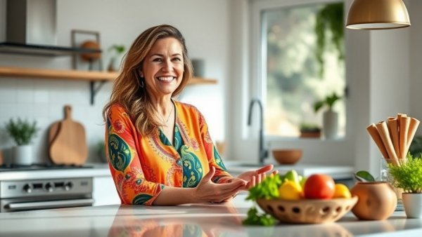 Smiling woman sharing healthy lifestyle tips at home