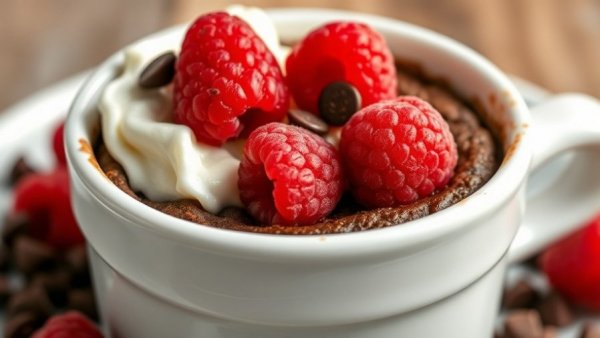 High protein snacks: Chocolate mug cake with toppings in white ramekin.