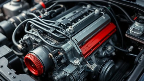 Detailed macro of a V6 engine in a car bay, illustrating its design.