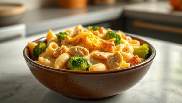 Chicken Broccoli Cottage Cheese Mac and Cheese in a bowl.