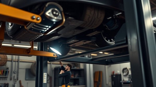 Mechanic using portable car lift to inspect vehicle in garage.
