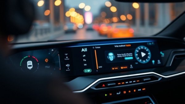 Futuristic car dashboard with AI voice command technology glowing display.