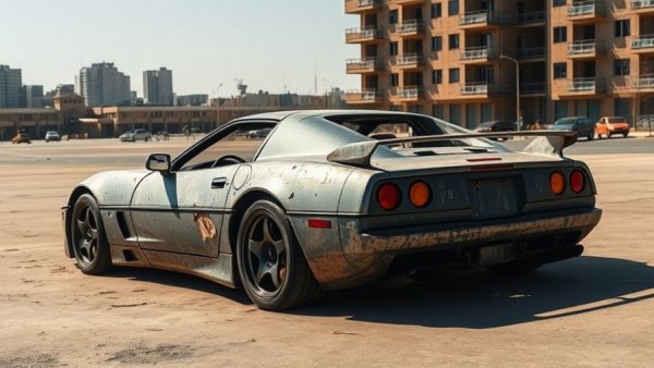 Damaged sports car labeled with issues, highlighting car restoration needs.