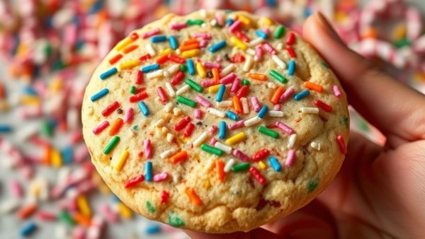 Giant protein sugar cookie with colorful sprinkles held in hand.