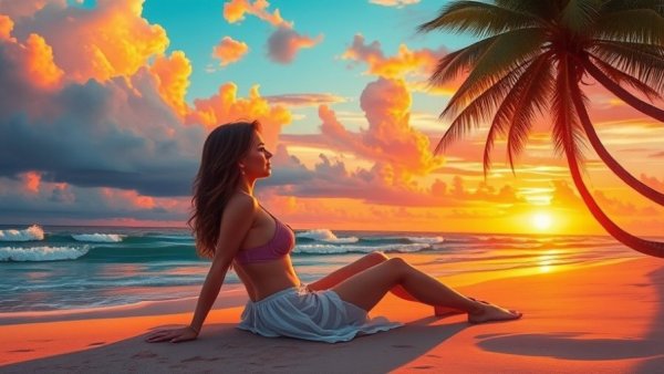 Self-care on vacation: woman relaxing on a colorful beach at sunset.