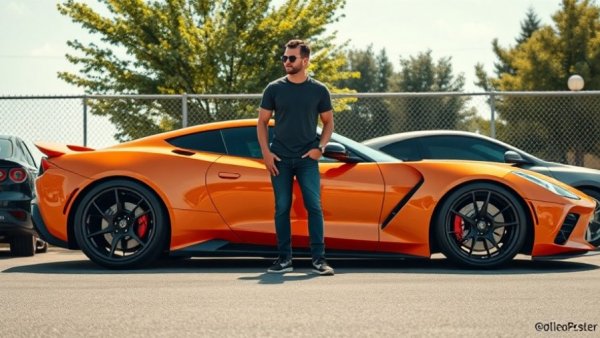 Modified performance car beside man in urban setting.