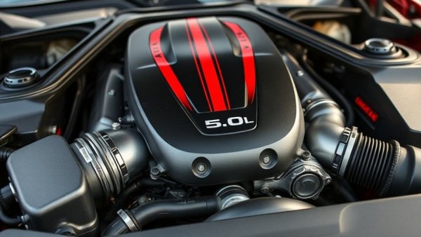 Ford Coyote Mustang Engine 5.0L badge close-up inside car hood.
