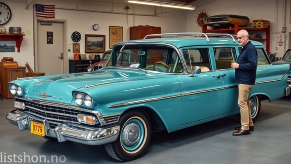 Vintage car discussion in garage for car maintenance tips.