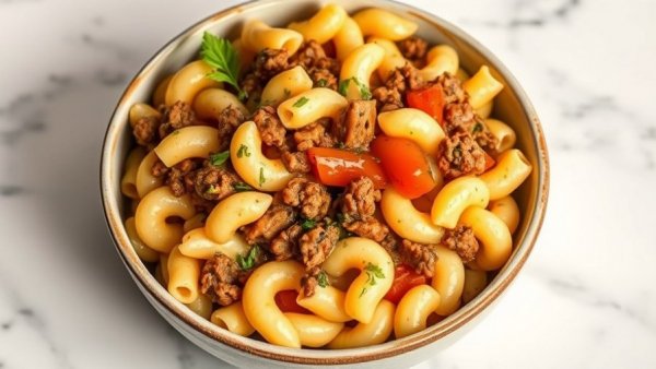Hearty macaroni bowl with beef and vegetables, high protein.