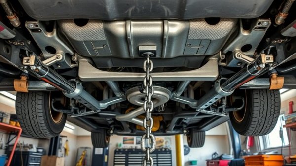 DIY frame puller setup with metal chain under car in garage.