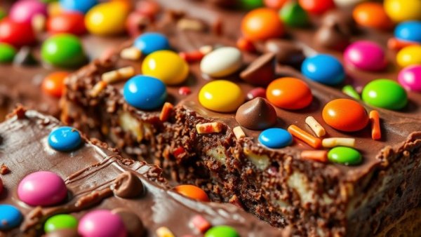 Chocolate cottage cheese cheesecake bars with colorful candy topping