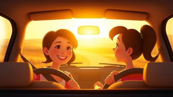 Heartwarming cartoon of mom and son driving at sunset, self-care for busy moms.