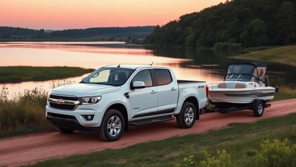 Sleek white pickup truck towing a boat at sunset on a dirt road.