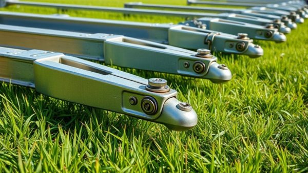 Close-up of aligned trailer hitches on grass, rental focus for 2025.