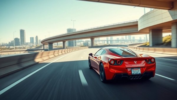 Dynamic red sports car on highway under overpass.