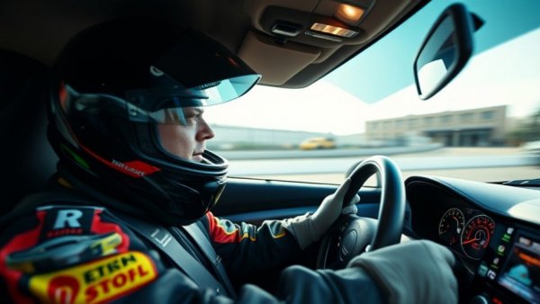 Driver focused in performance vehicle market scene, racing gear.