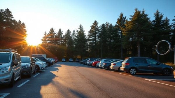 Tranquil parking lot with vehicles under golden hour light in Pennsylvania.
