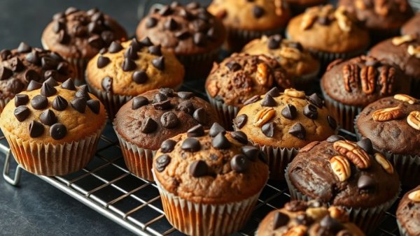 Delicious, assorted healthy muffins with chocolate and nuts on a cooling rack.