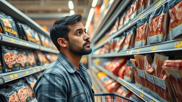 Contemplative shopper in bacon aisle addressing health risks of bacon.