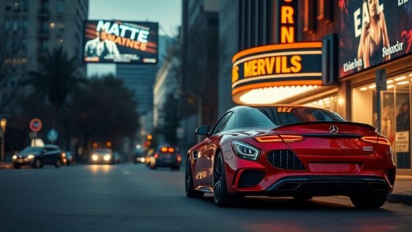 Mercedes-Benz parked by theater showcasing Sony Pictures Animation.