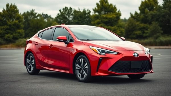 Sleek modern red Toyota in parking lot, showcasing design features.