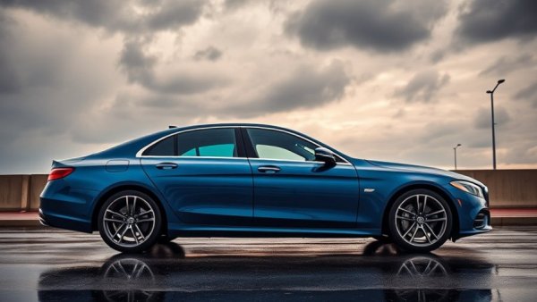 Blue luxury sedan in urban setting, showcasing design.
