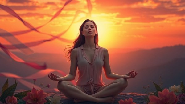 Woman meditating at sunset for self-care routine for stress relief