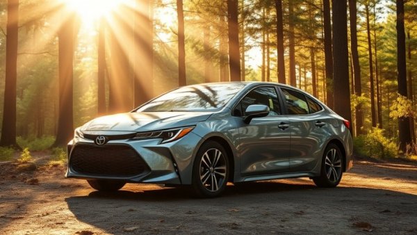 Most reliable Toyota engines in a sleek sedan parked in forest.