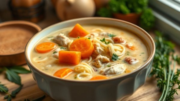 High protein creamy chicken soup with carrots and noodles in a bowl.