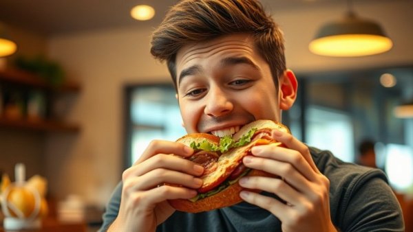 Man enthusiastically eating a sandwich, smiling; topic: how to live a healthy lifestyle.