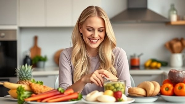Blonde woman eating breakfast, gut health hormones friendly foods in modern kitchen.