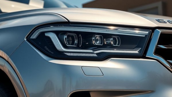 Detail of a luxurious SUV's headlight in natural lighting, emphasizing high-end design.