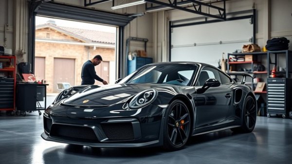 Mechanics working on a sleek black Porsche radiator upgrade in a garage.