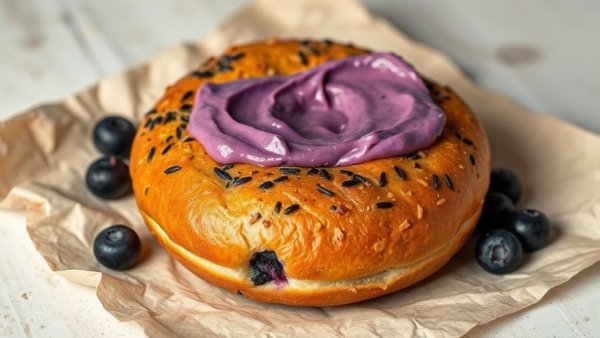 Rustic blueberry bagel with creamy spread, high protein snack, detailed.