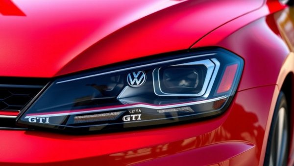 Red Volkswagen Jetta GTI headlight close-up, sleek design.