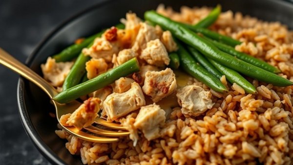 Budget-friendly healthy college meals: chicken, beans, rice in bowl.