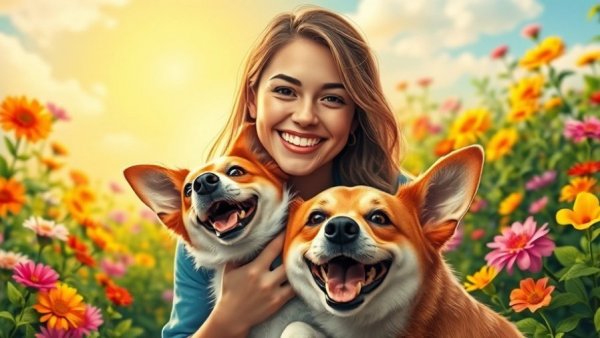 Illustrated micro-moment of joy with woman and dog in garden