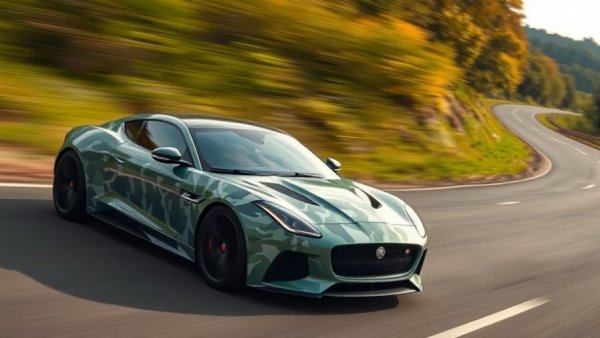 Jaguar Type 00 range extender camouflaged driving on road.
